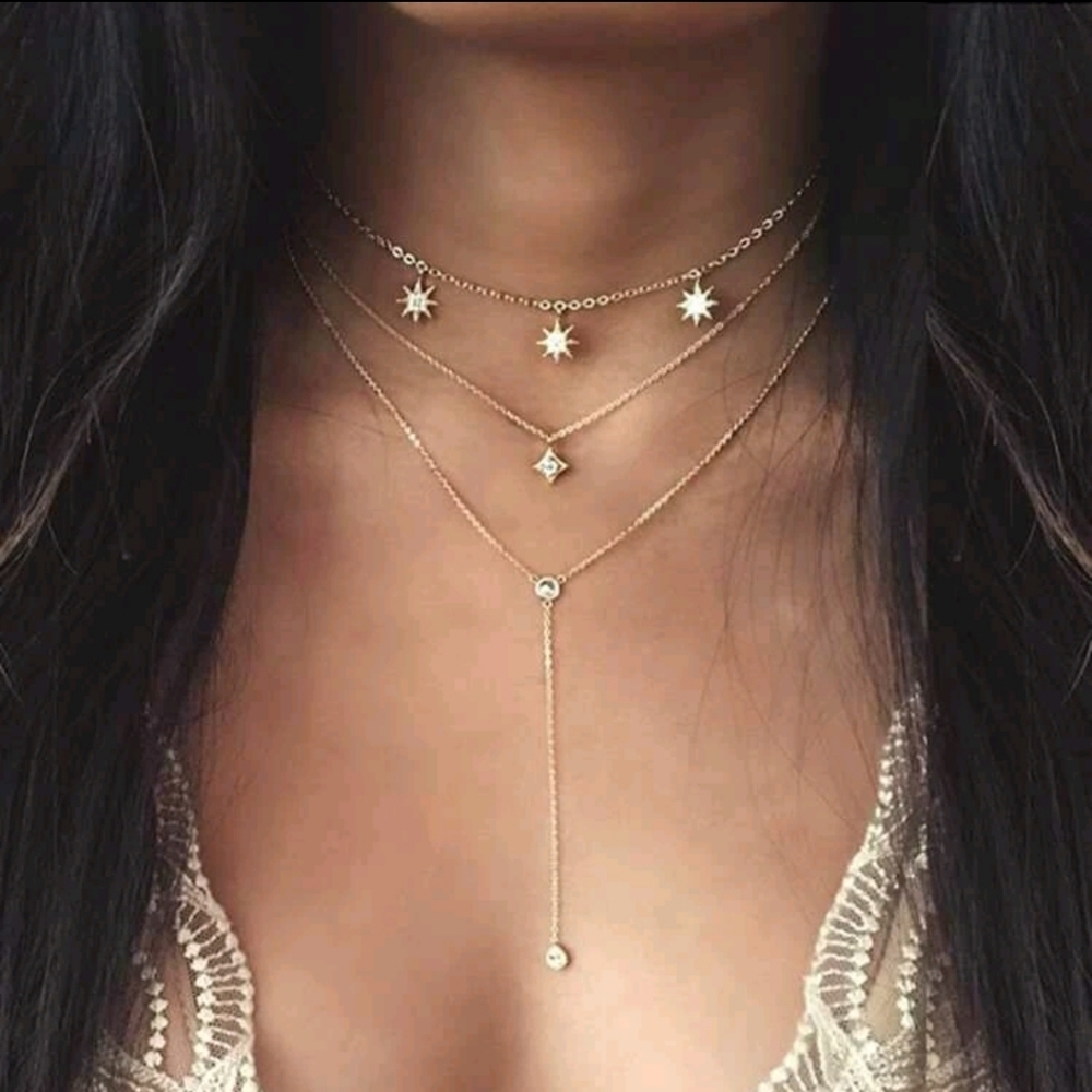 Gold Layered Necklace Boho lariat rhinestones star charms Festival💖